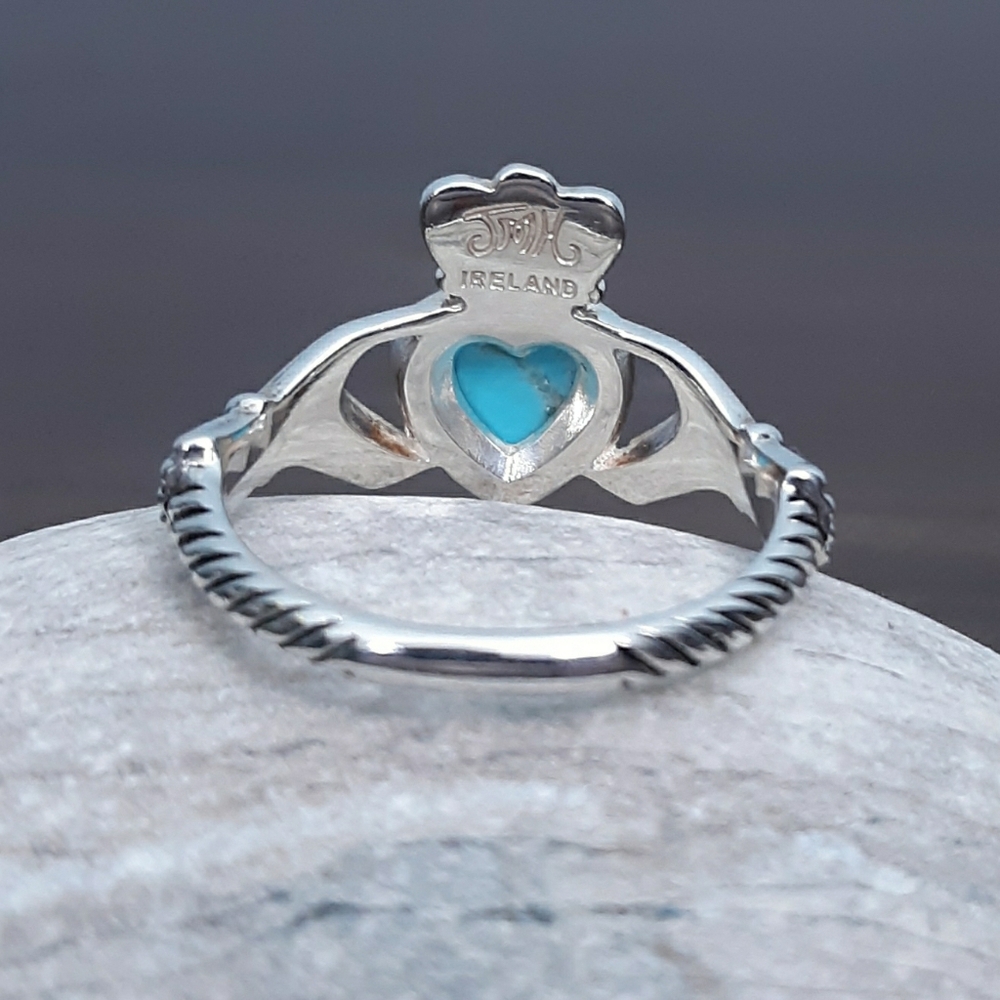 Sz 9 JMH Ireland Claddagh Ring Sterling Silver Sleeping Beauty Turquoise Heart - Picture 4 of 16